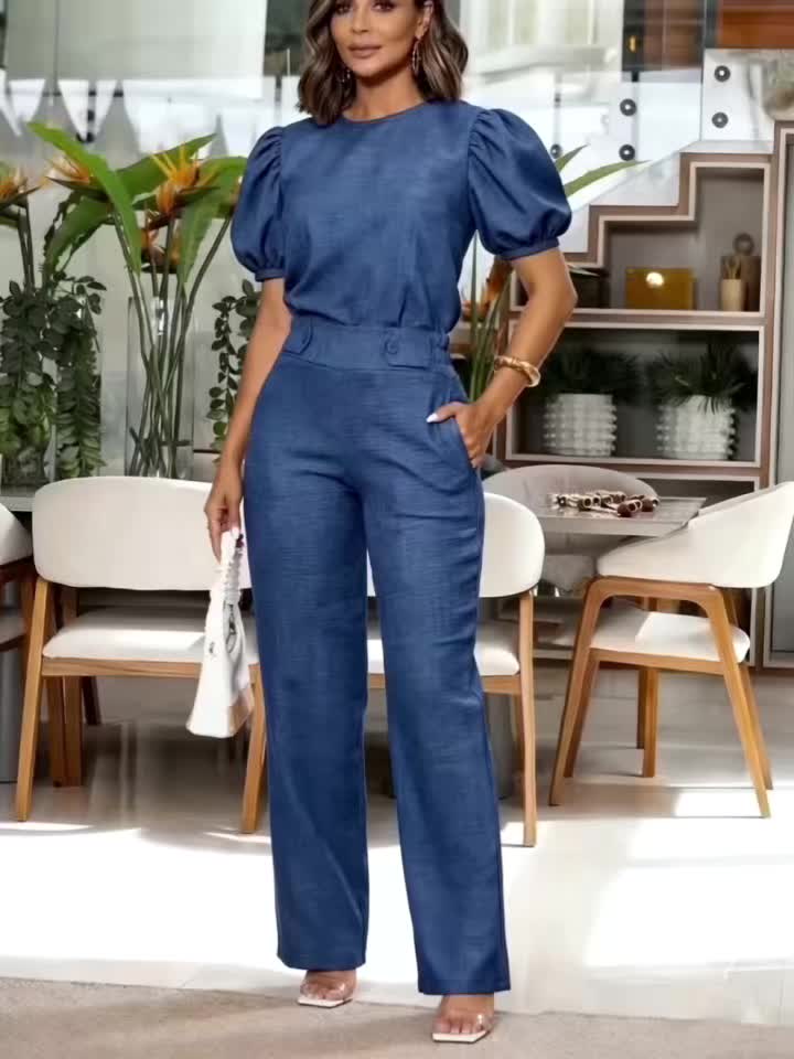 Elegant Royal Blue Wide Leg Set for Women with Round Neck Puff Sleeve Button Tab Two Piece Style