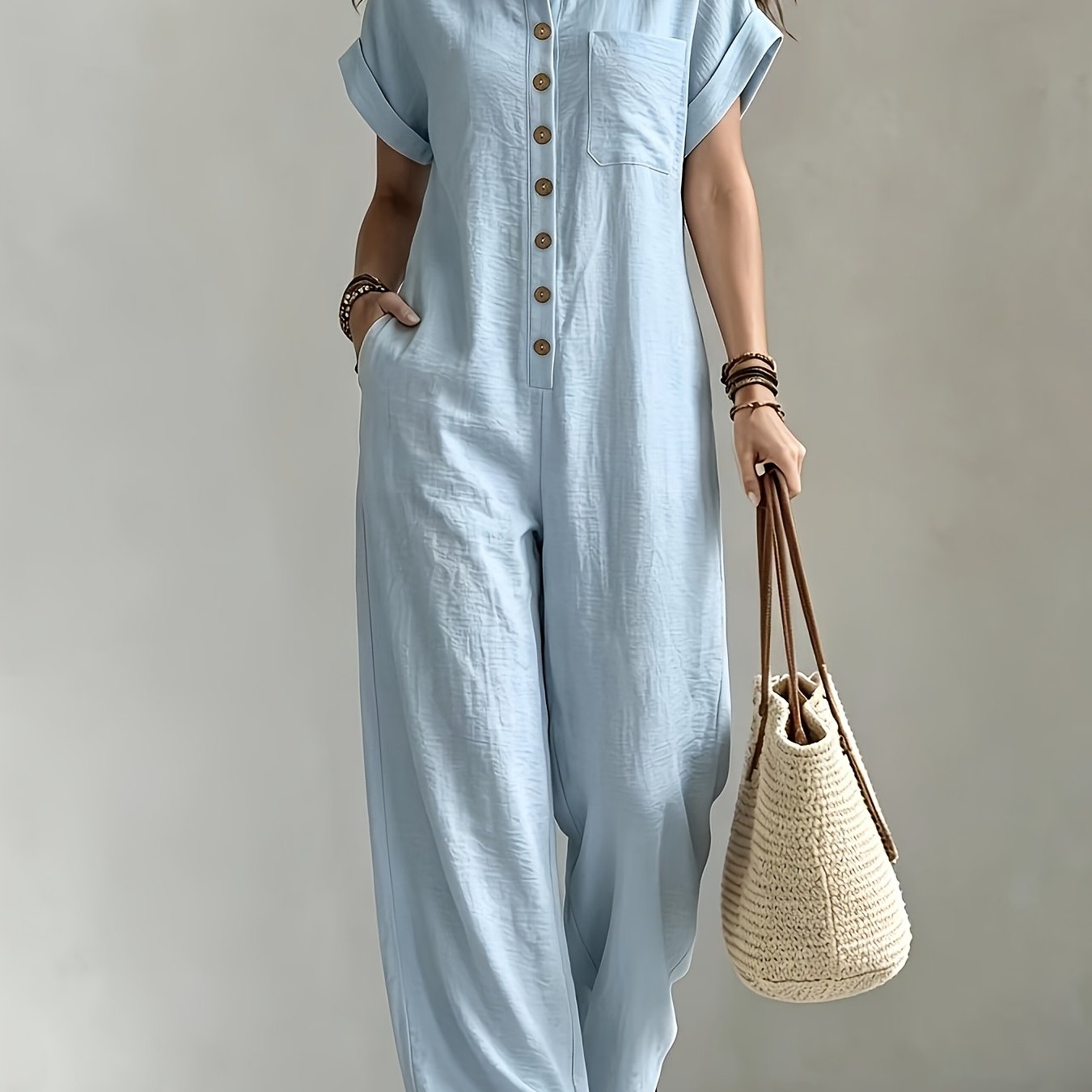 Women's Summer Short Sleeve Jumpsuit/Collared Single-Row Button Loose Straight Style/Casual Cargo Overalls/Loose Straight Drape Long Pants/Daily Commute Casual All-Match Fashion Comfortable
