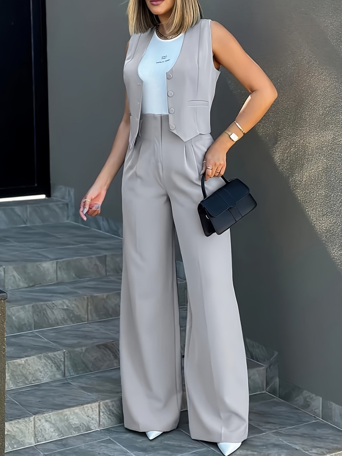 Elegant Silvery Grey Wide Leg Set for Women with V Neck Button Front Vest Sleeveless Relaxed Style