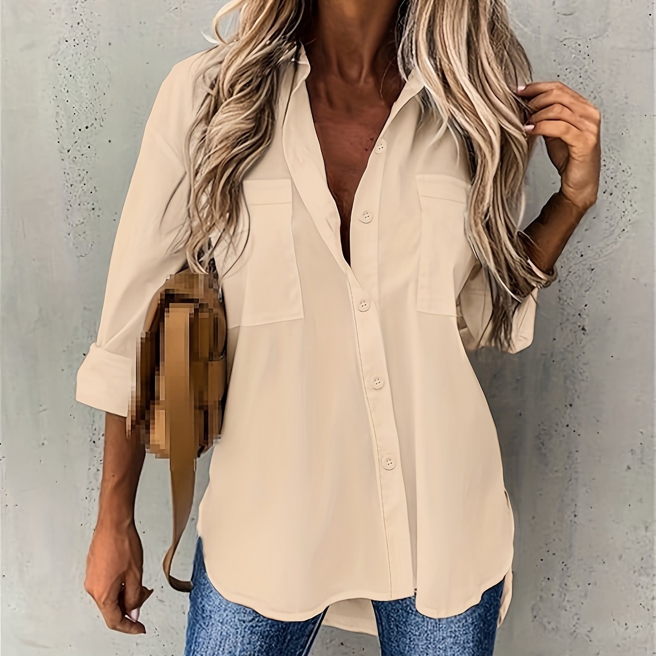 Solid Color Button-Up Long Sleeve Shirt for Women