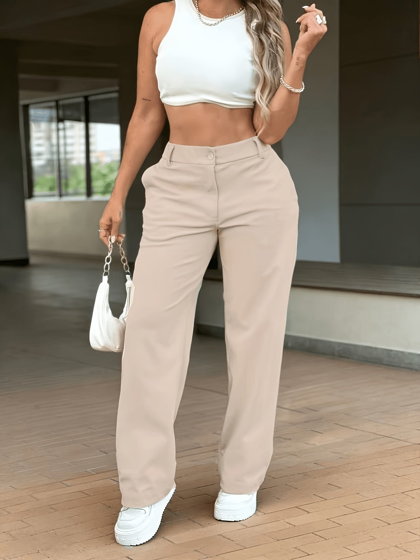 Spicy Khaki Straight-Leg Pants for Women, Loose-Fitting Flowy Versatile Long Pants, Trendy High-Waist Khaki Straight-Leg Pants for Women, and Figure-Flattering Wide-Leg Floor-Length Trousers, Women's White and Khaki High-Waist Slim-Fit Casual