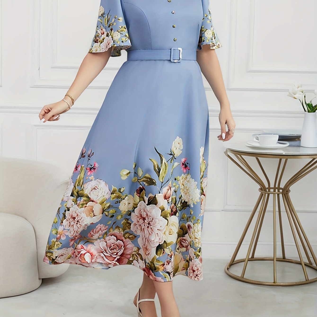 Plus Size, Plus Size Women's Spring/Summer Floral Print Elegant High-Waisted V-Neck Short Sleeve Dress