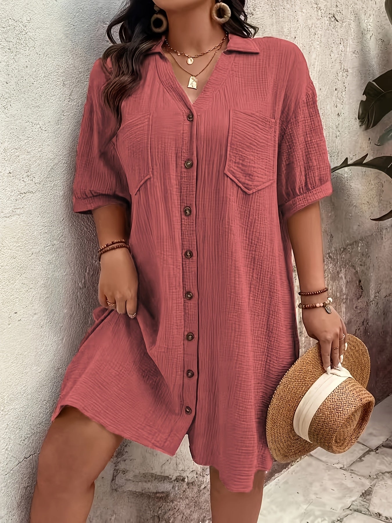 Plus Size - Plus Size - Plus Size Women'S Fashionable Retro Solid Color Short Sleeve Pocket Shirt Dress