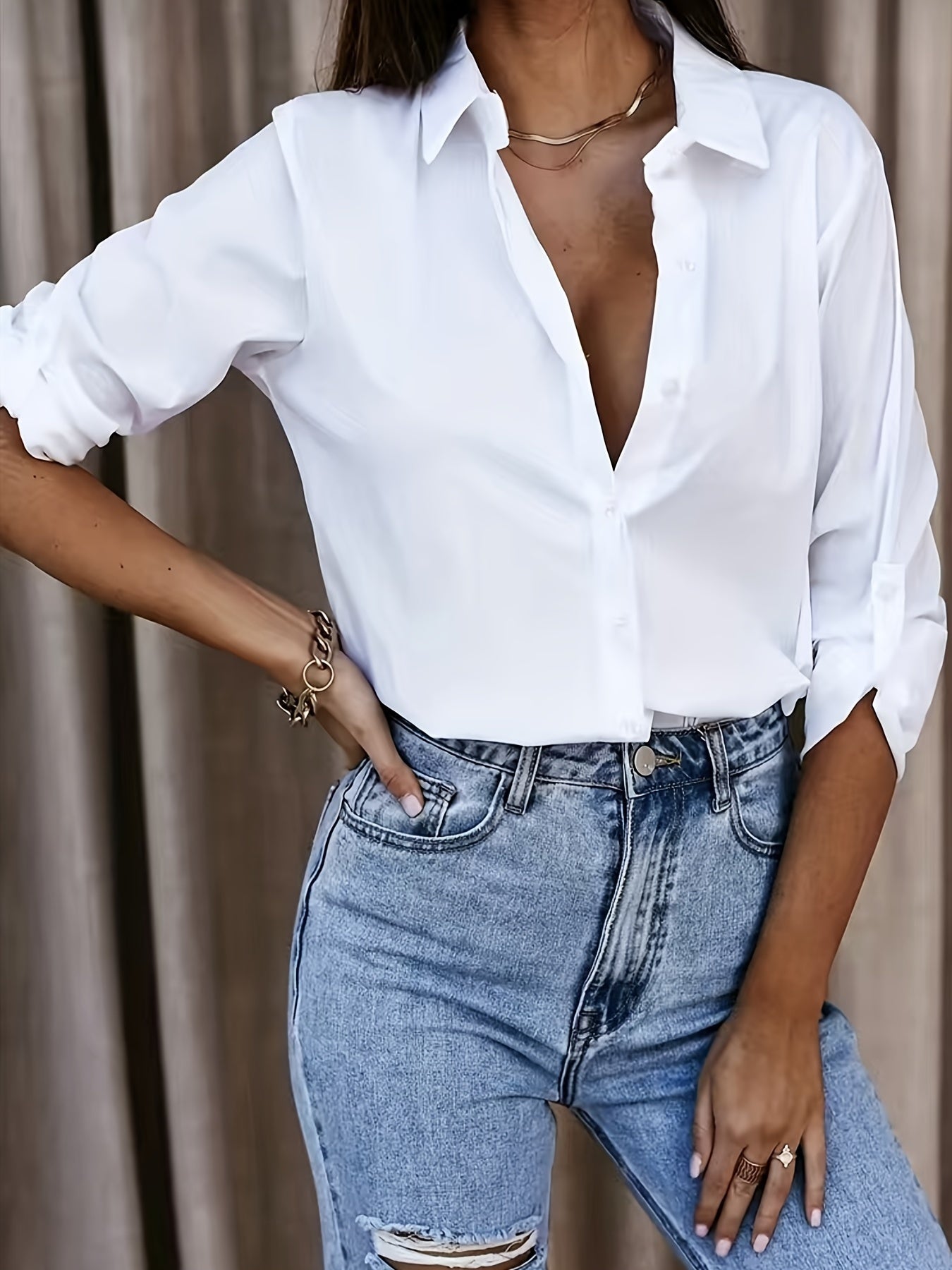 Pure White Long-sleeve V-neck Button- Shirt