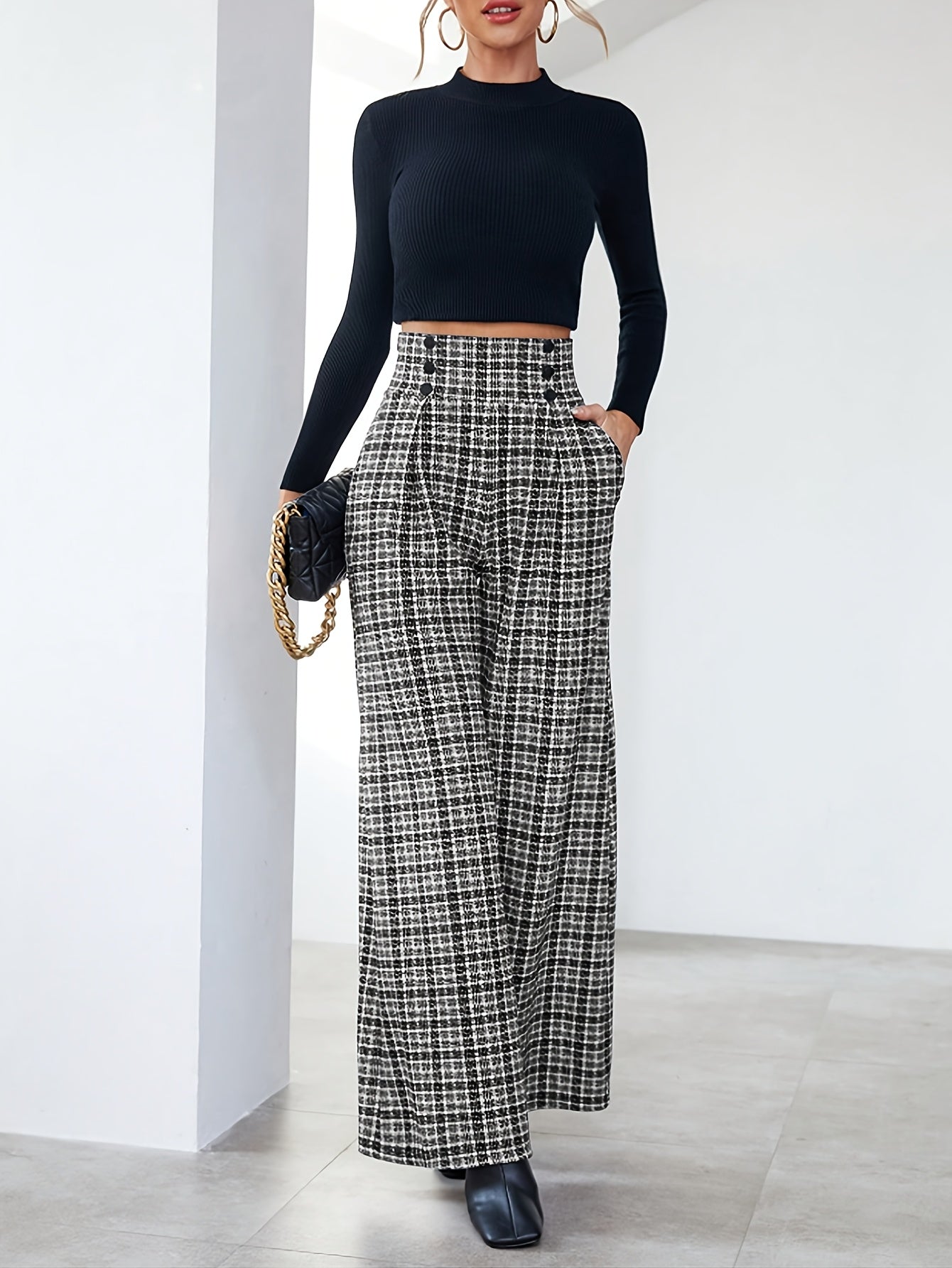Wide-Leg Pants, Elegant Plaid Print with Button Embellishments and Pockets, Suitable for Various Occasions and Everyday Wear