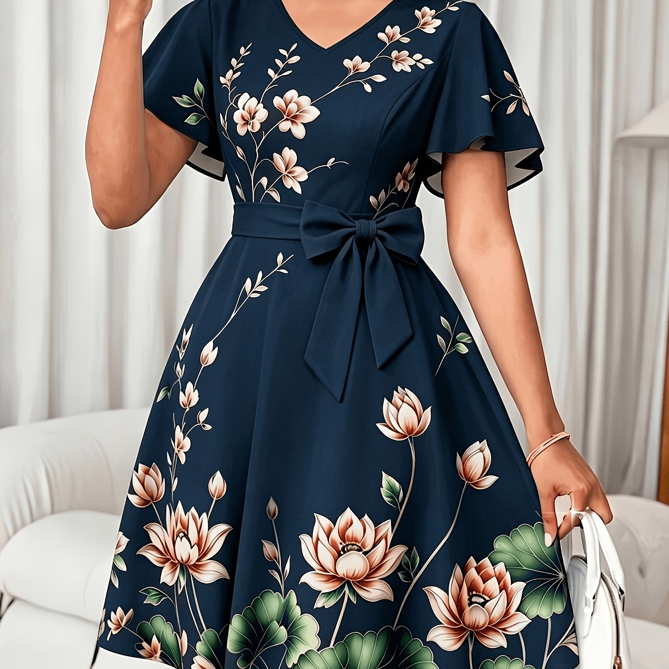 V-Neck Dress, Elegant Floral Print Short Sleeve, Waist-Cinching A-Line Midi Dress, Versatile Women's Wear for Commuting, Parties, and Daily Wear
