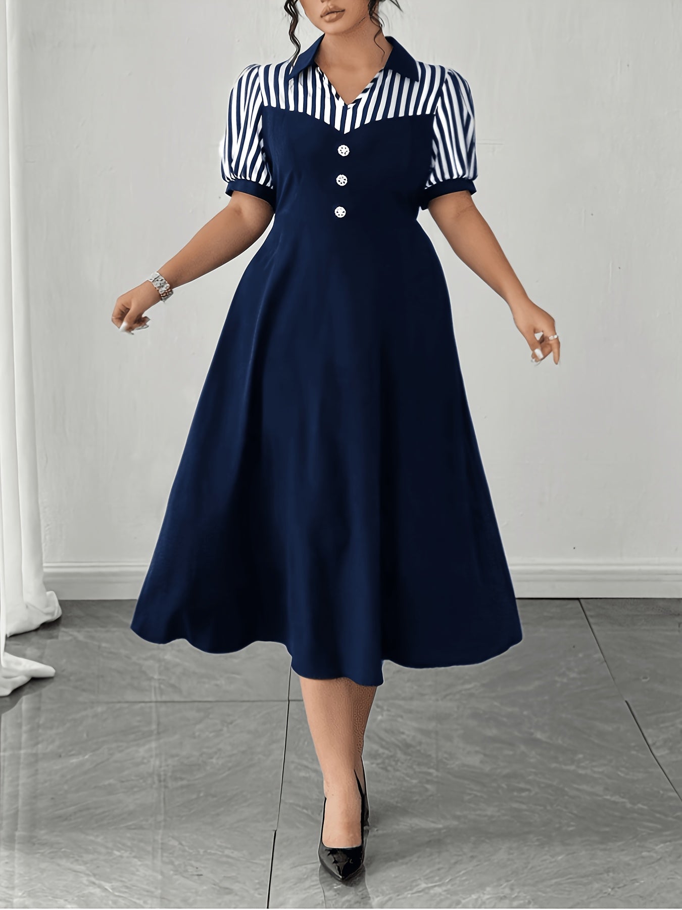 Plus Size Navy Striped Shirt Dress Retro Puff Sleeve V-Neck Midi Dress Women'S Elegant Commute A-Line Skirt