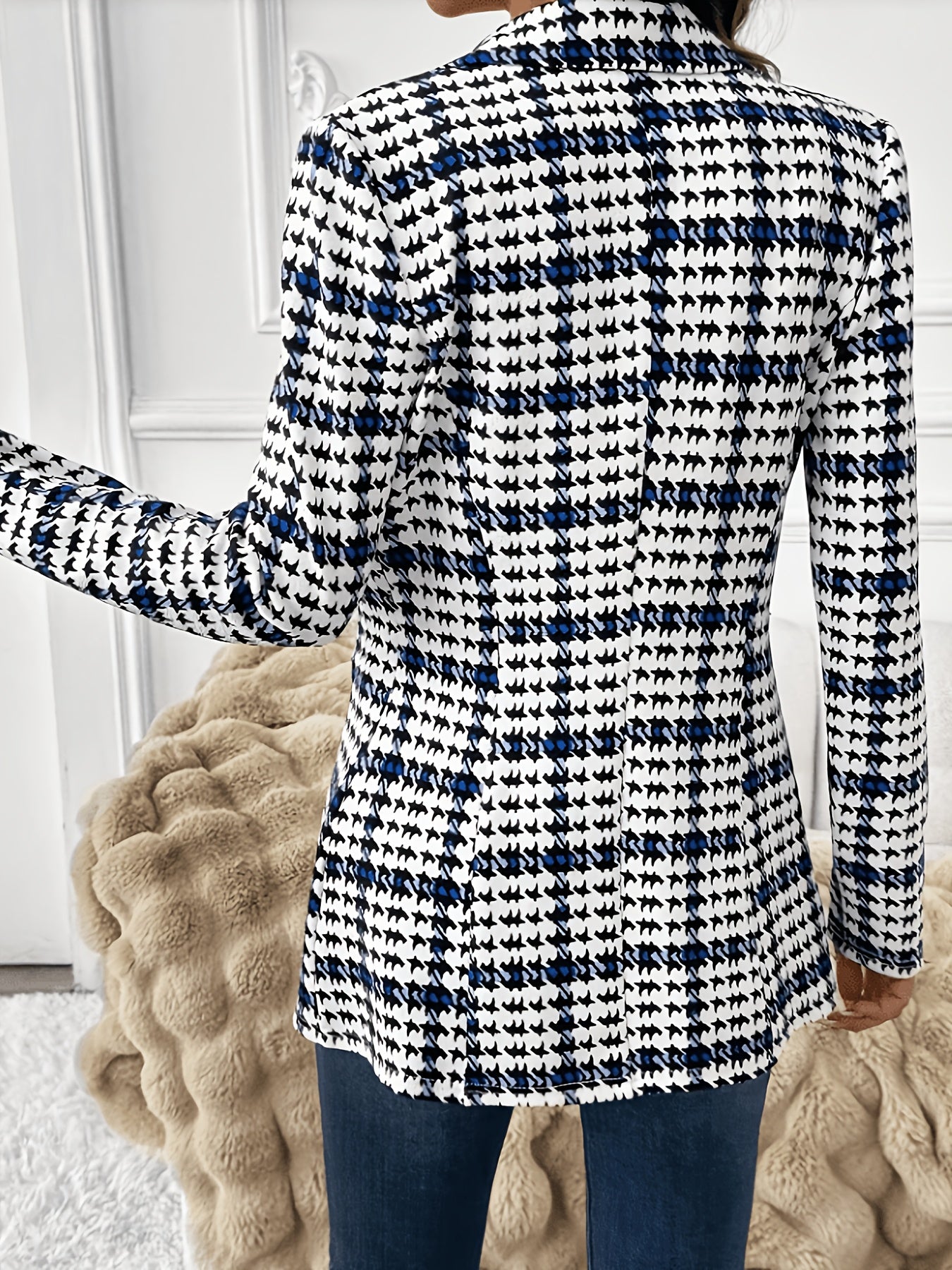 ASD1 Fashionable Women's Elegant Suit Jacket, Stylish Slim-Fit Houndstooth Print Lapel Blazer