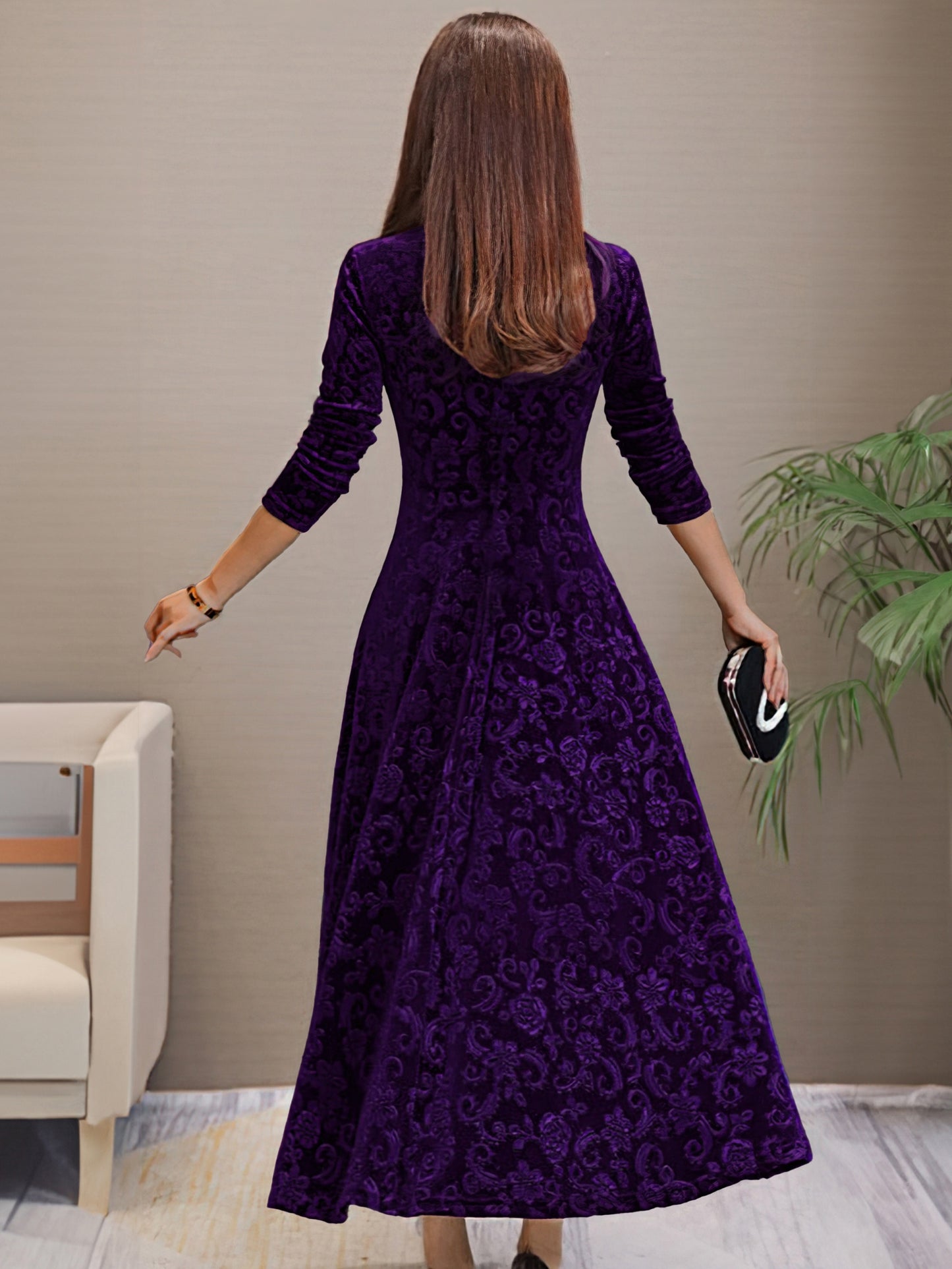 Directional - New And Thinning Large Swing Skirt Women'S Clothing Golden Velvet Long Sleeve Dress Long Style