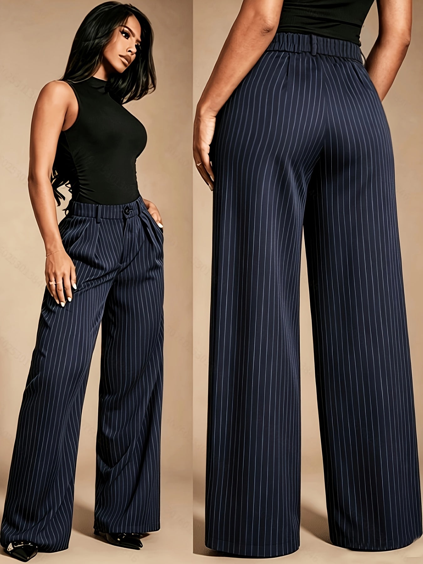 Elegant Navy Pinstripe Wide Leg Pants for Women with High Waist Pleated Front Tailored Relaxed Style