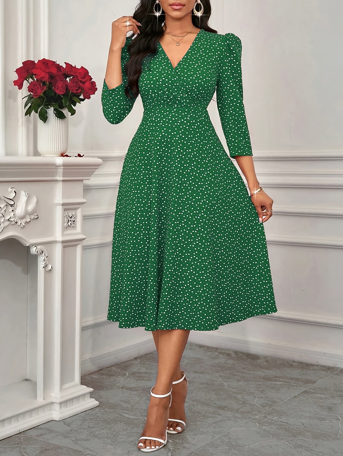 Women'S Valentine'S Day/New Year Party/Daily Work/Four Seasons Suitable Elegant Fashionable Versatile Daily Dating Round Neck Three Quarter Sleeve Waist Flared Long Red Dress, Little Heart Dress