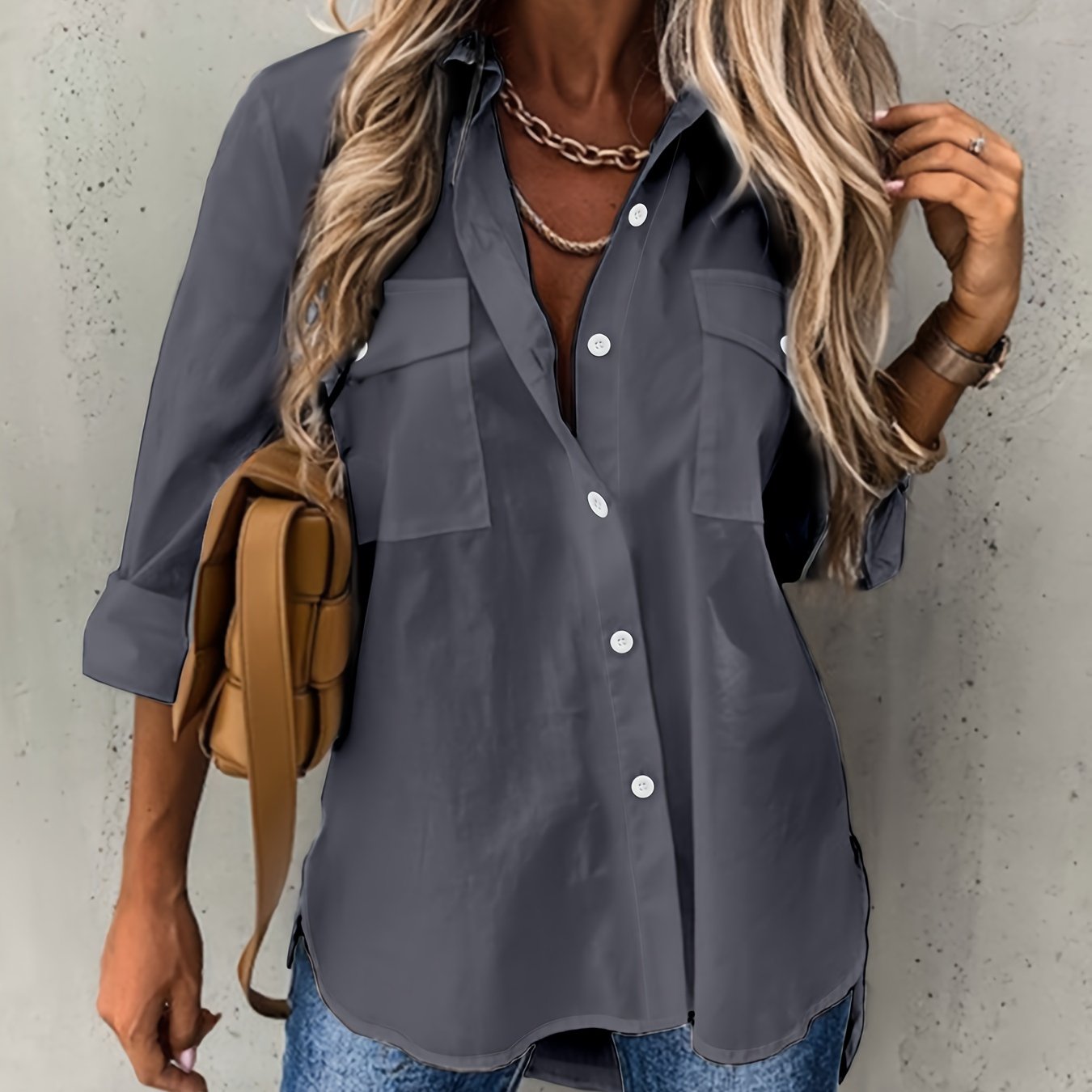 Button Front Long Sleeve Shirt, Casual Solid Office Shirt With Collar, Women's Clothing