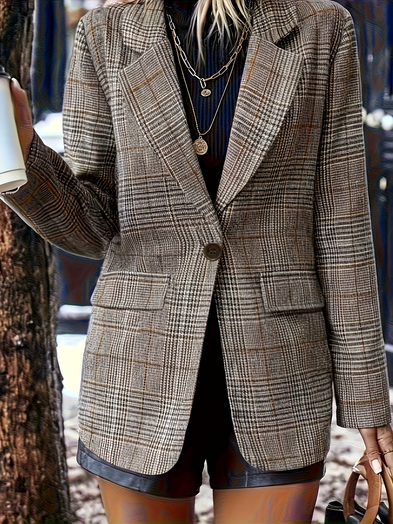 Women's Elegant Plaid Single-Button Design Blazer, Autumn-Winter Warm Commuter Office Casual Wear