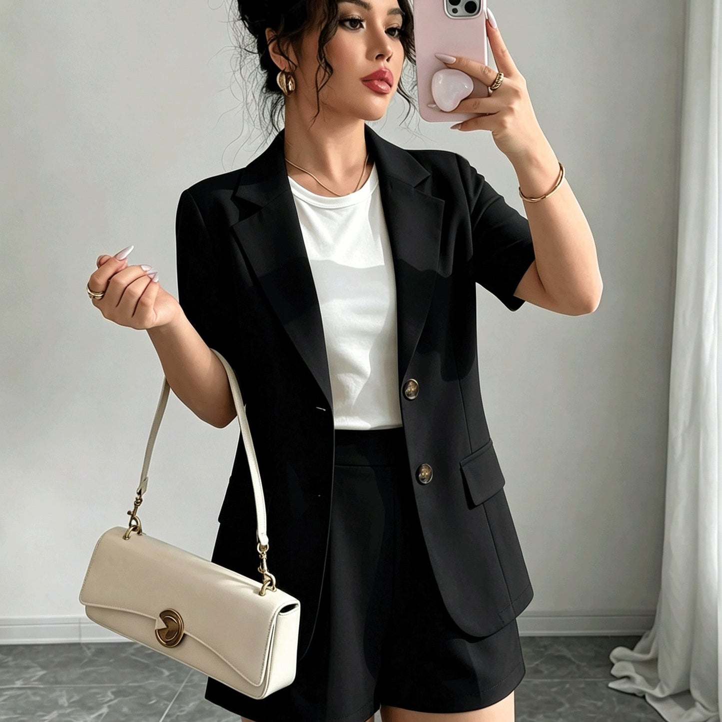 Elegant Casual Commuter Suit Set, Solid Color Short-Sleeve Blazer, Shorts/Wide-Leg Pants, Women's Spring/Summer Style