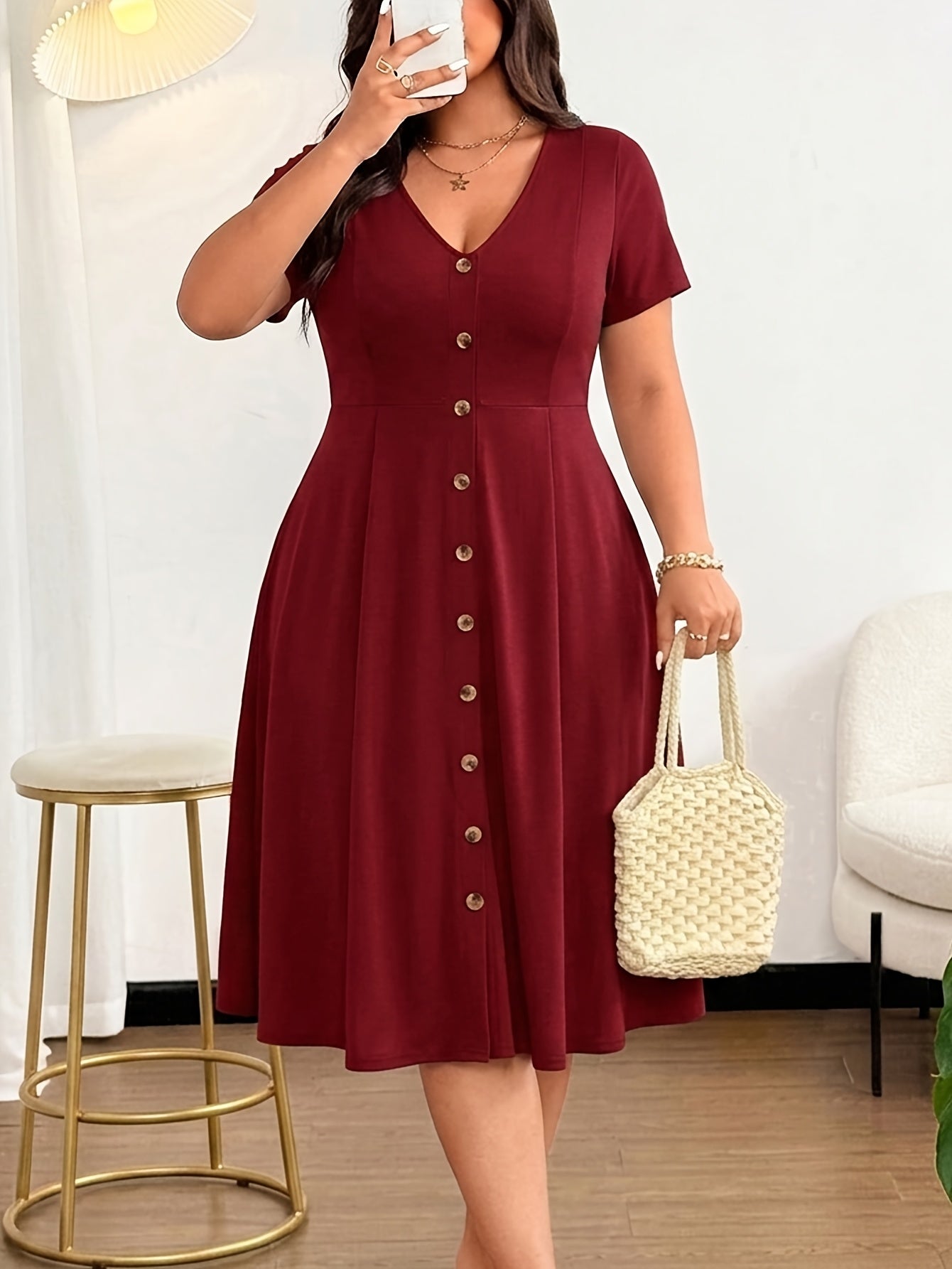 Plus Size - Plus Size - Plus Size Women'S Buttoned V-Neck Waist Dress