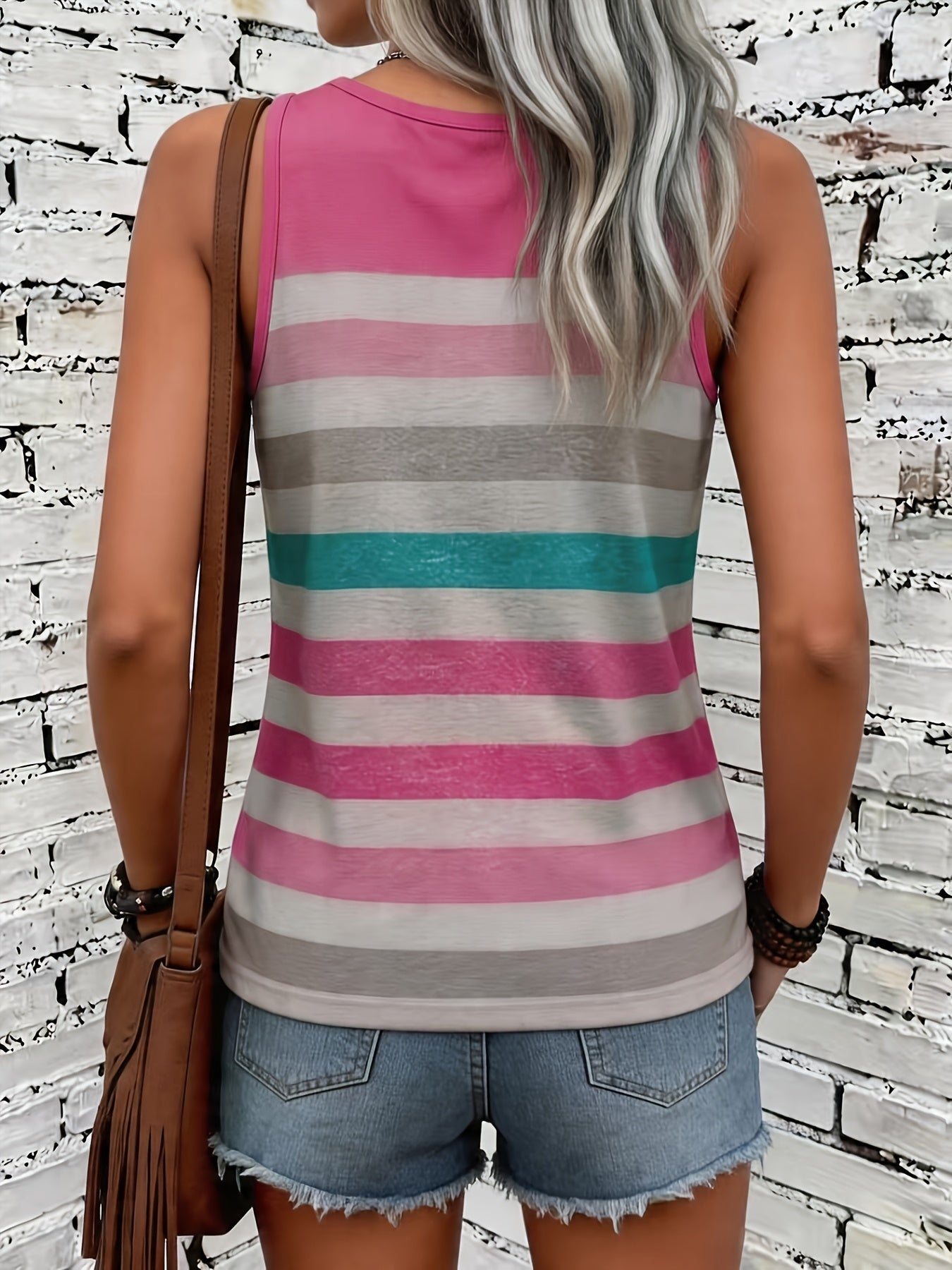 Effortless Rose Red Striped Tank Top for Women with Round Neck Sleeveless Relaxed Casual Style