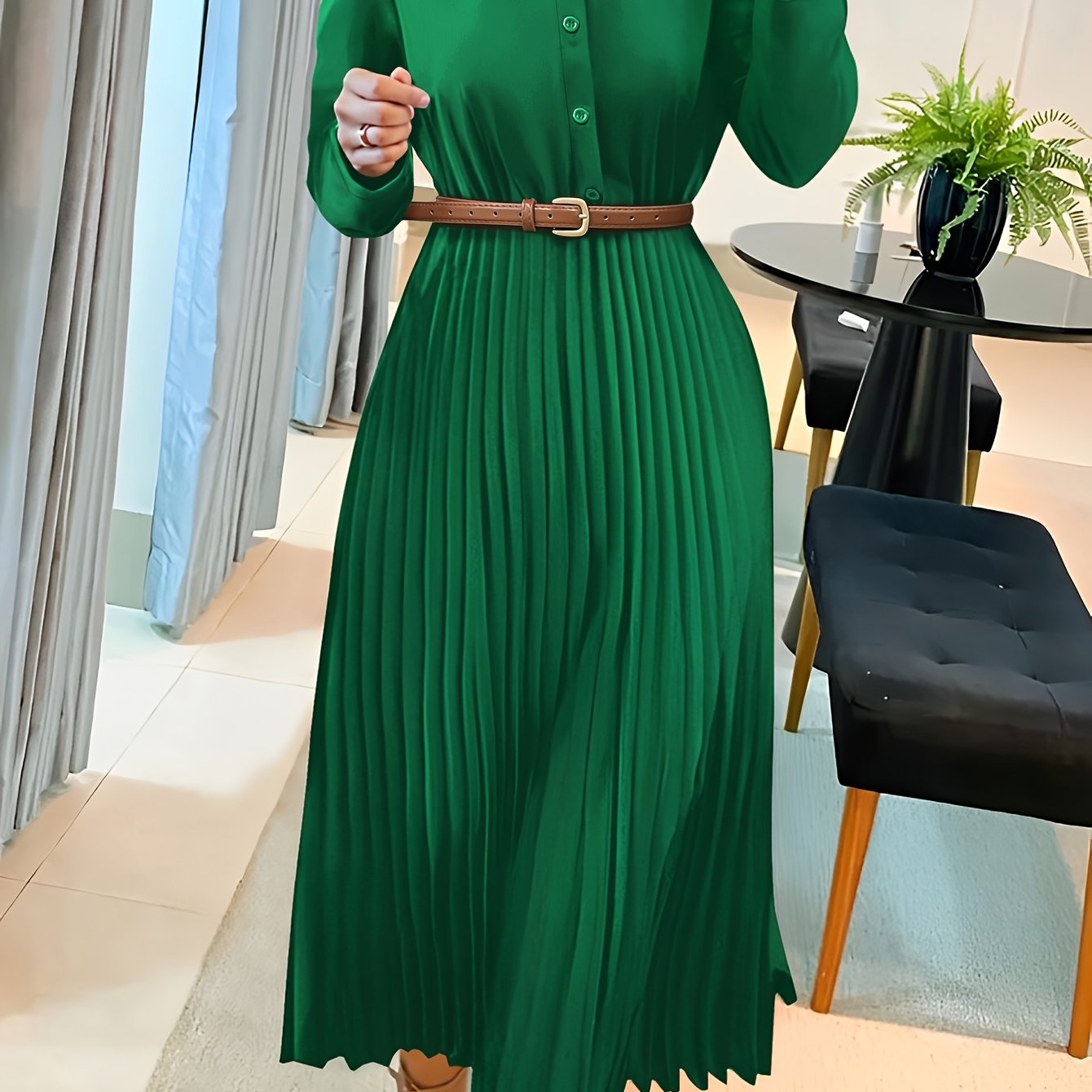 Spring/Autumn Long Sleeve Lapel Elegant Fashion Versatile Ruched Dress with Belt, Women'S