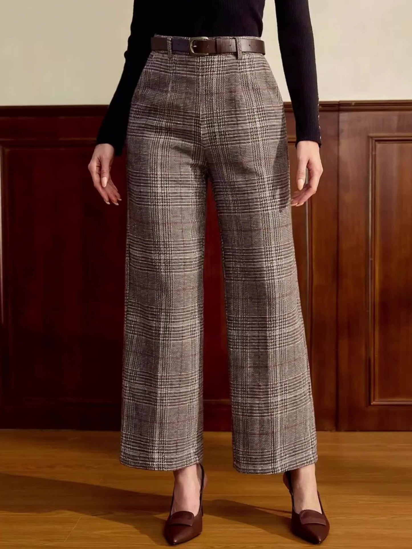 Women'S Elegant Plaid Button Loose Straight Long Pants for Autumn And Winter
