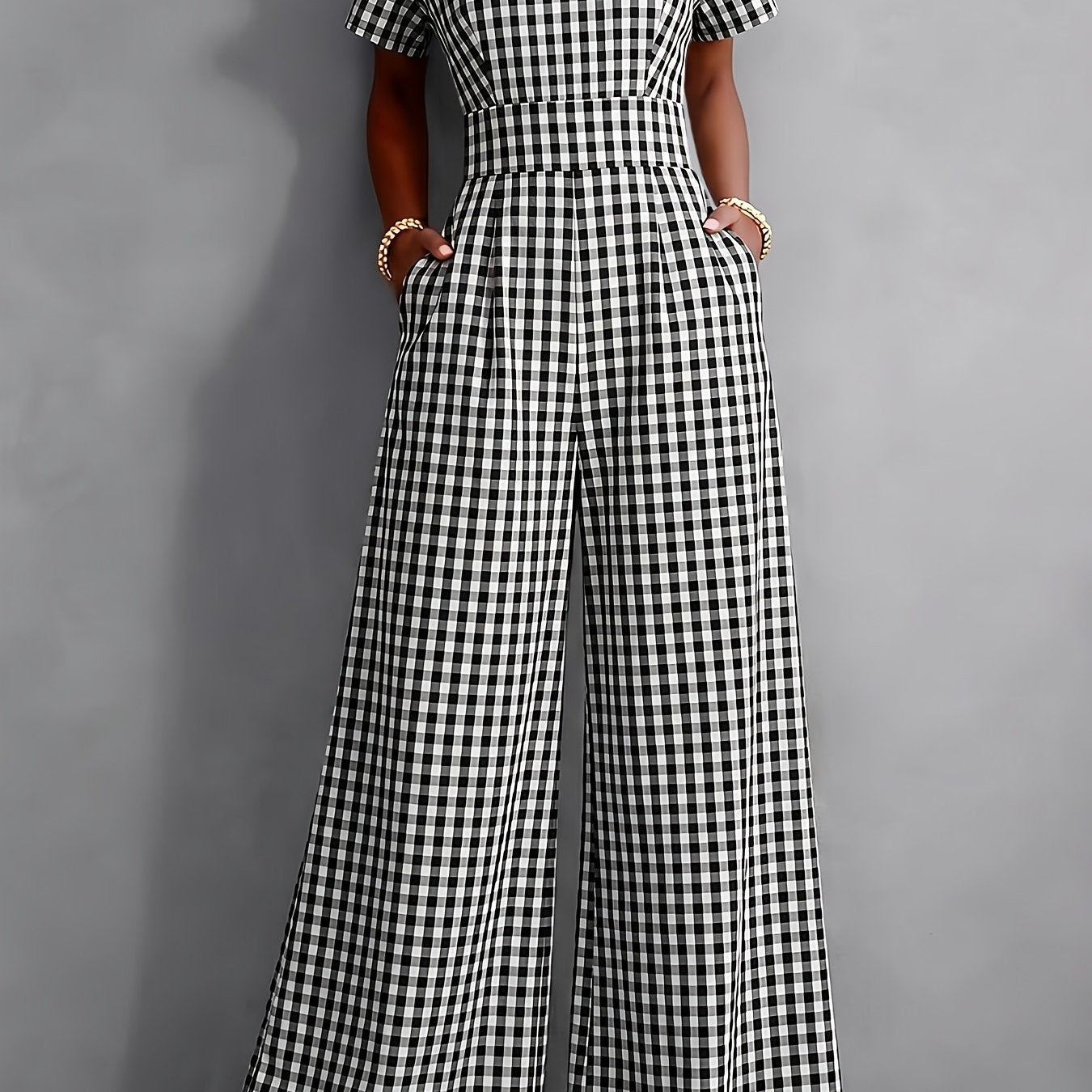 2026 Spring Summer Plaid V-Neck Short Sleeve Jumpsuit Women's, High-Waist Wide-Leg Straight Long Pants, Commute Casual Two-Wear, Waist-Cinching Design Flowing Wide-Leg Trousers