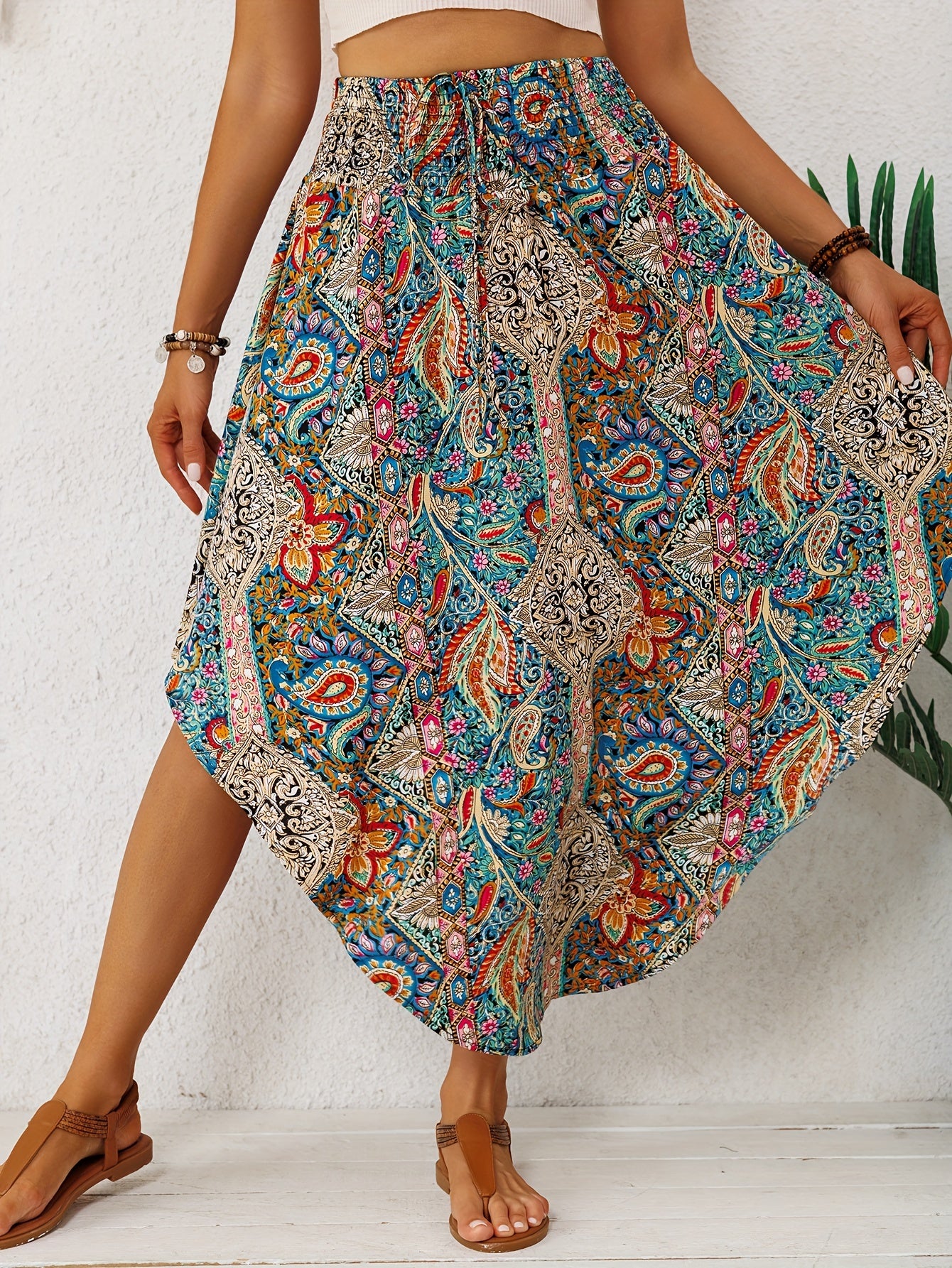 2026 Spring/Summer Bohemian Print Midi Skirt for Women, Elastic High Waist, Irregular Curved Hem, Flared Midi Dress, Vintage Ethnic Style, Vacation, Flowy, Beach, Casual Skirt