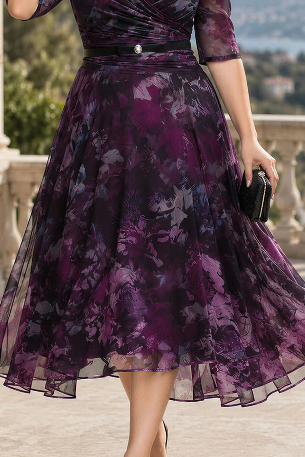Flycurvy Plus Size Wedding Guest Grape Chiffon Floral Print Wrap Half Sleeve Midi Dress