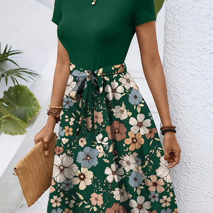 Elegant Key Monitoring Support European And American Round Neck Short-Sleeved with Belt Dress Number