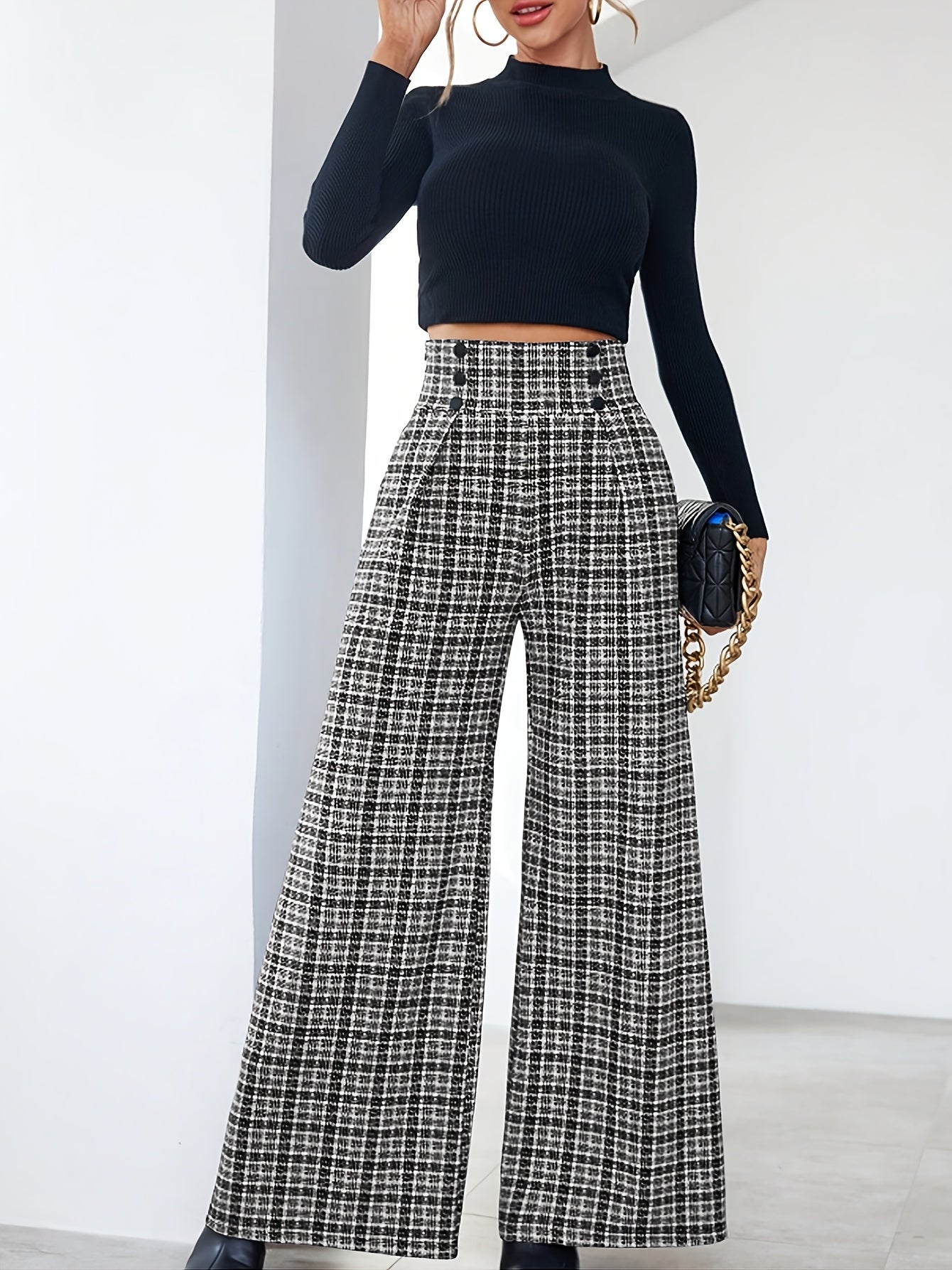 Wide-Leg Pants, Elegant Plaid Print with Button Embellishments and Pockets, Suitable for Various Occasions and Everyday Wear