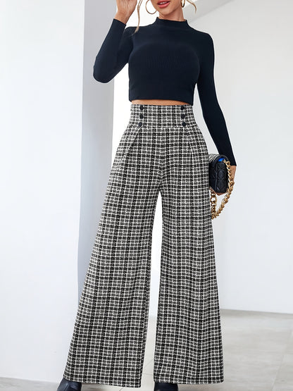 Wide-Leg Pants, Elegant Plaid Print with Button Embellishments and Pockets, Suitable for Various Occasions and Everyday Wear