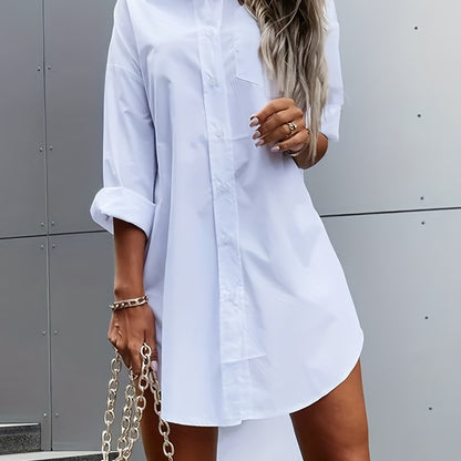 DZ042 Autumn Women'S Solid Color Button-Up Casual Shirt Dress