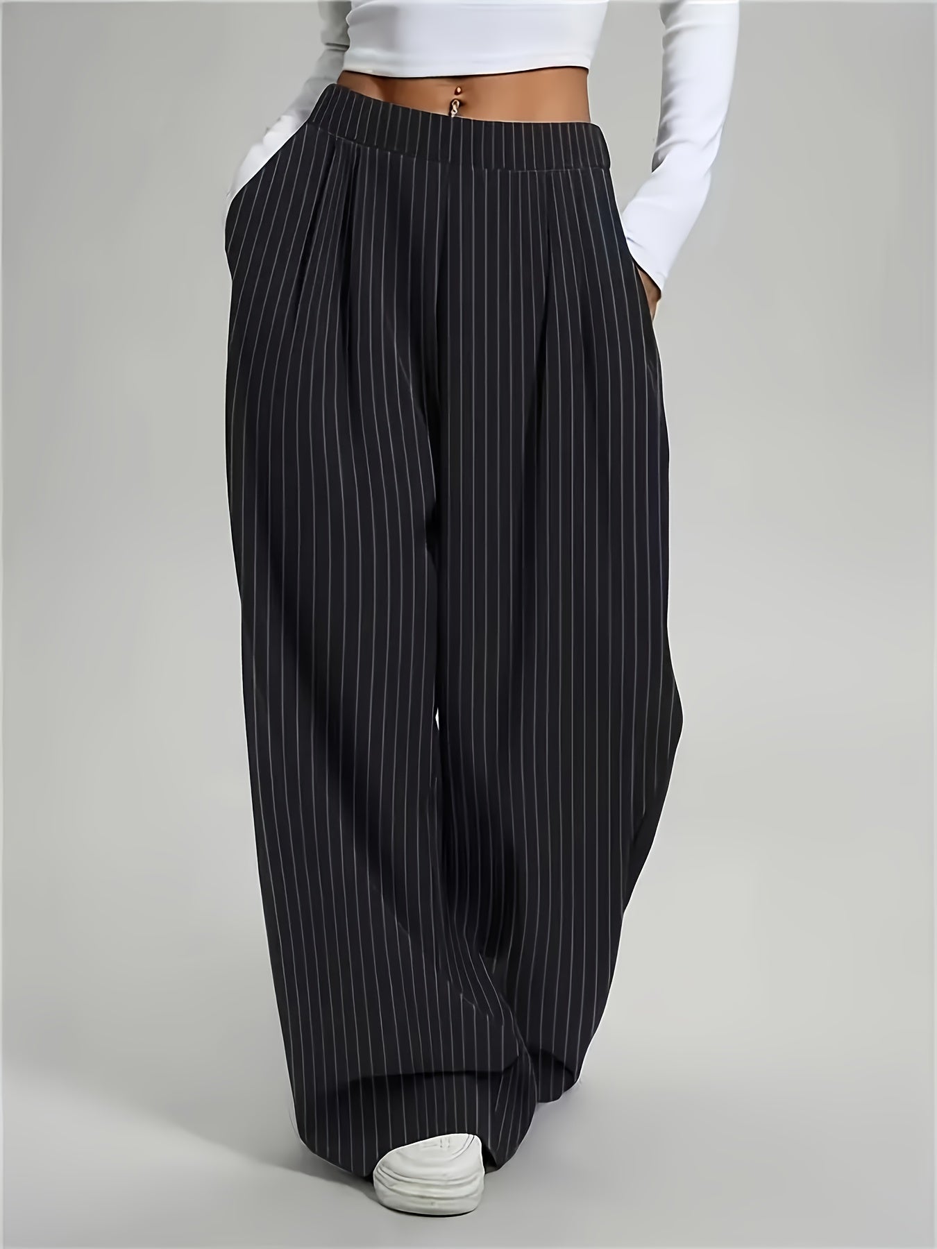 [Striped Harem Pants] Women's Casual Striped Harem Pants - High-Waist Full-Length Wide-Leg Trousers with Vertical Pleats and Pocket Design - Elegant Special Series, Structured Non-Stretch Fabric Suitable for All Seasons, Professional and Semi-Formal Wear