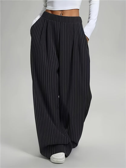 [Striped Harem Pants] Women's Casual Striped Harem Pants - High-Waist Full-Length Wide-Leg Trousers with Vertical Pleats and Pocket Design - Elegant Special Series, Structured Non-Stretch Fabric Suitable for All Seasons, Professional and Semi-Formal Wear