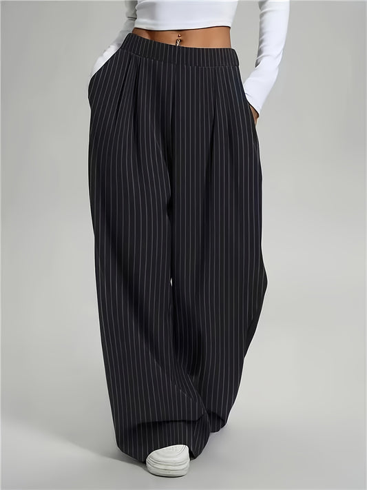 [Striped Harem Pants] Women's Casual Striped Harem Pants - High-Waist Full-Length Wide-Leg Trousers with Vertical Pleats and Pocket Design - Elegant Special Series, Structured Non-Stretch Fabric Suitable for All Seasons, Professional and Semi-Formal Wear