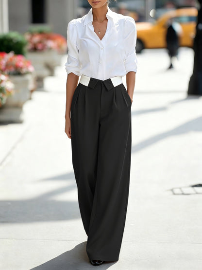 [Women's Wide-Leg Pants] Women's High-Waist Wide-Leg Pants - New Summer Style - Loose and Flowing Design - White with Folded Waistband Accent - Versatile for Commuting, Suit Pants, Casual Long Trousers