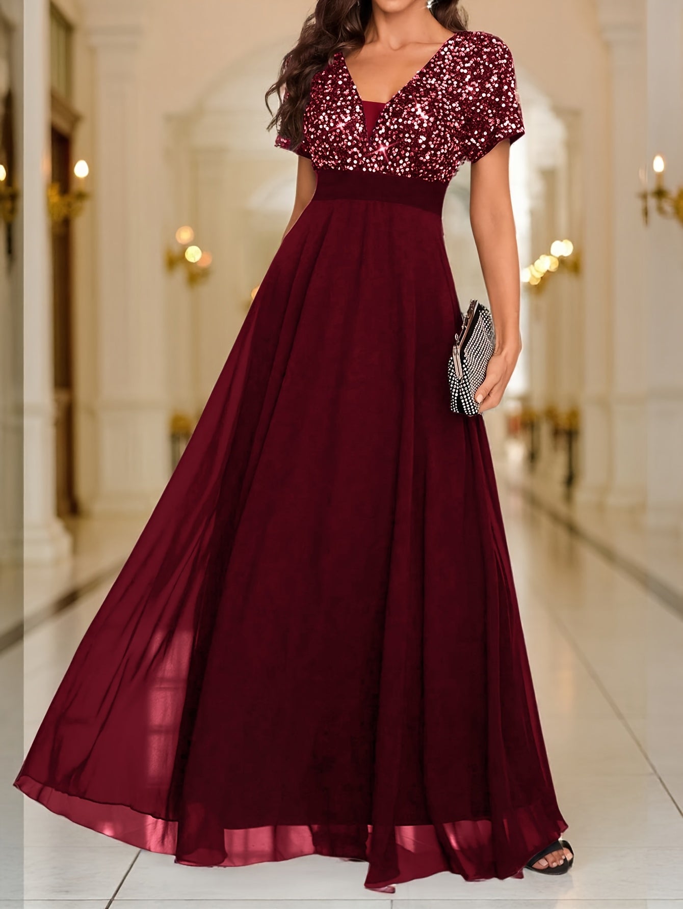 Sequin Spliced Formal Dress Elegant Prom Wedding Guest Gown, Contrast Sequin Chiffon Formal Dress, V-Neck Short Sleeve Sequin Patchwork Slim Fit Long Dress for Graduation Dress, Bride Dress, Birthday Women Outfits, Party Dress, Evening