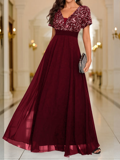 Sequin Spliced Formal Dress Elegant Prom Wedding Guest Gown, Contrast Sequin Chiffon Formal Dress, V-Neck Short Sleeve Sequin Patchwork Slim Fit Long Dress for Graduation Dress, Bride Dress, Birthday Women Outfits, Party Dress, Evening