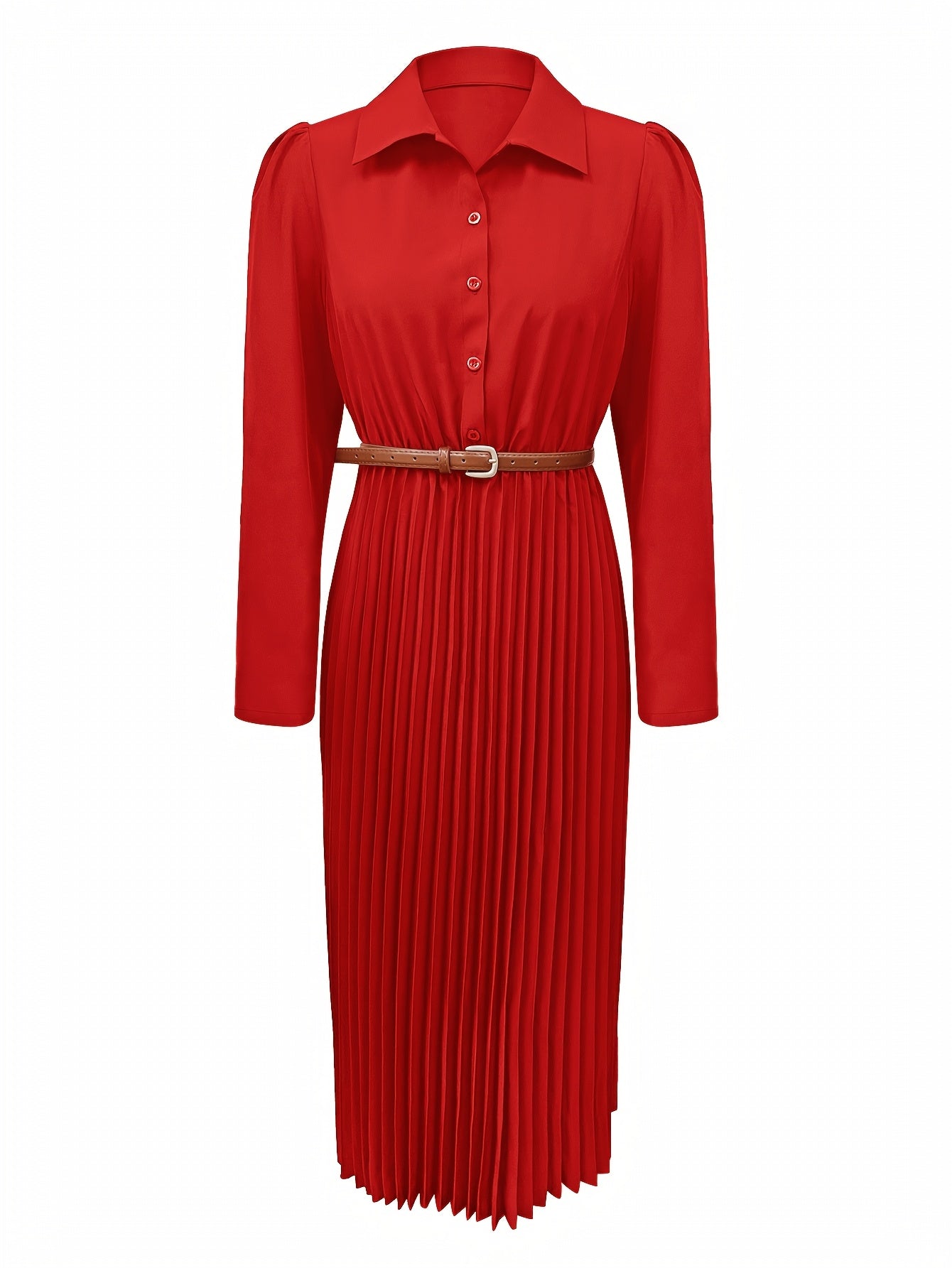 Spring/Autumn Long Sleeve Lapel Elegant Fashion Versatile Ruched Dress with Belt, Women'S