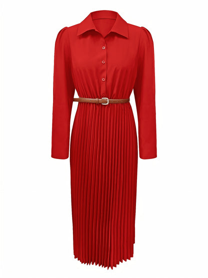 Spring/Autumn Long Sleeve Lapel Elegant Fashion Versatile Ruched Dress with Belt, Women'S