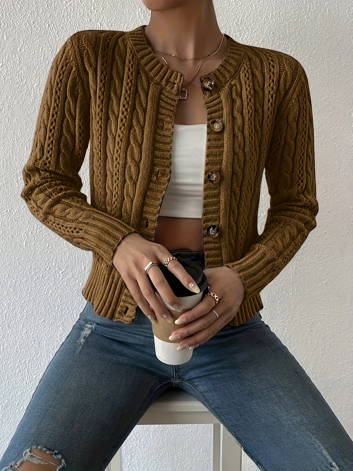 Mesh detail cable cardigan sweater
