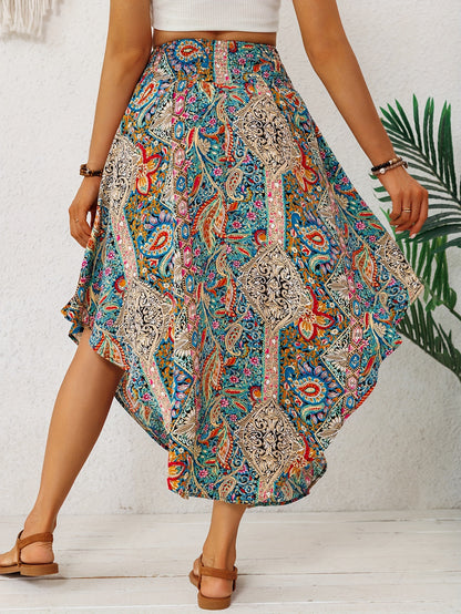 2026 Spring/Summer Bohemian Print Midi Skirt for Women, Elastic High Waist, Irregular Curved Hem, Flared Midi Dress, Vintage Ethnic Style, Vacation, Flowy, Beach, Casual Skirt