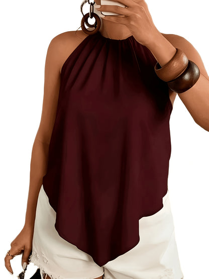Women's Fashion Blouse, Asymmetrical Hem Tie-Neck Sleeveless, Suitable for Spring and Summer Wear