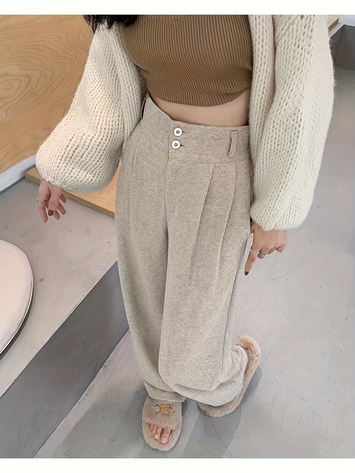 Women's Simple Commuter Straight-Leg Loose Elastic Pants, Draping Tweed Wide-Leg Trousers, Autumn-Winter Women's Clothing, Elegant Casual Long Pants, High-Waisted Suit Pants