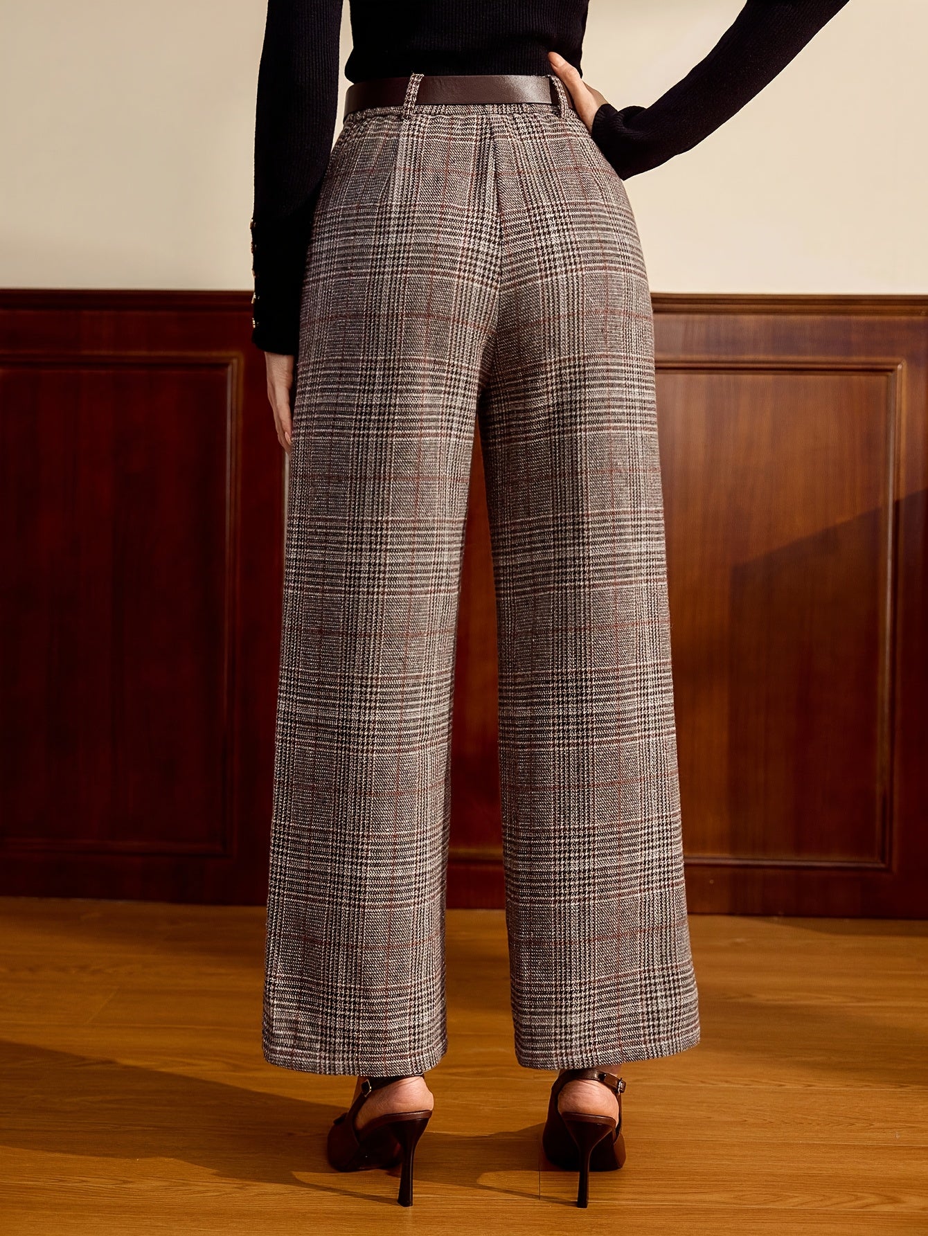 Women'S Elegant Plaid Button Loose Straight Long Pants for Autumn And Winter
