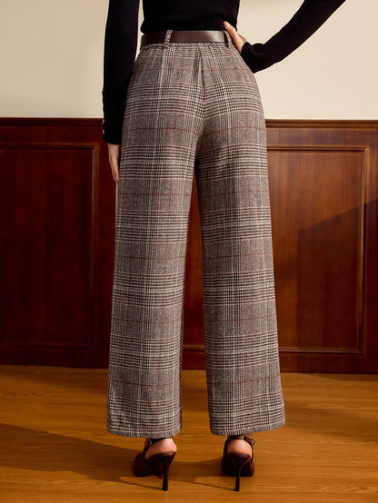 Women'S Elegant Plaid Button Loose Straight Long Pants for Autumn And Winter