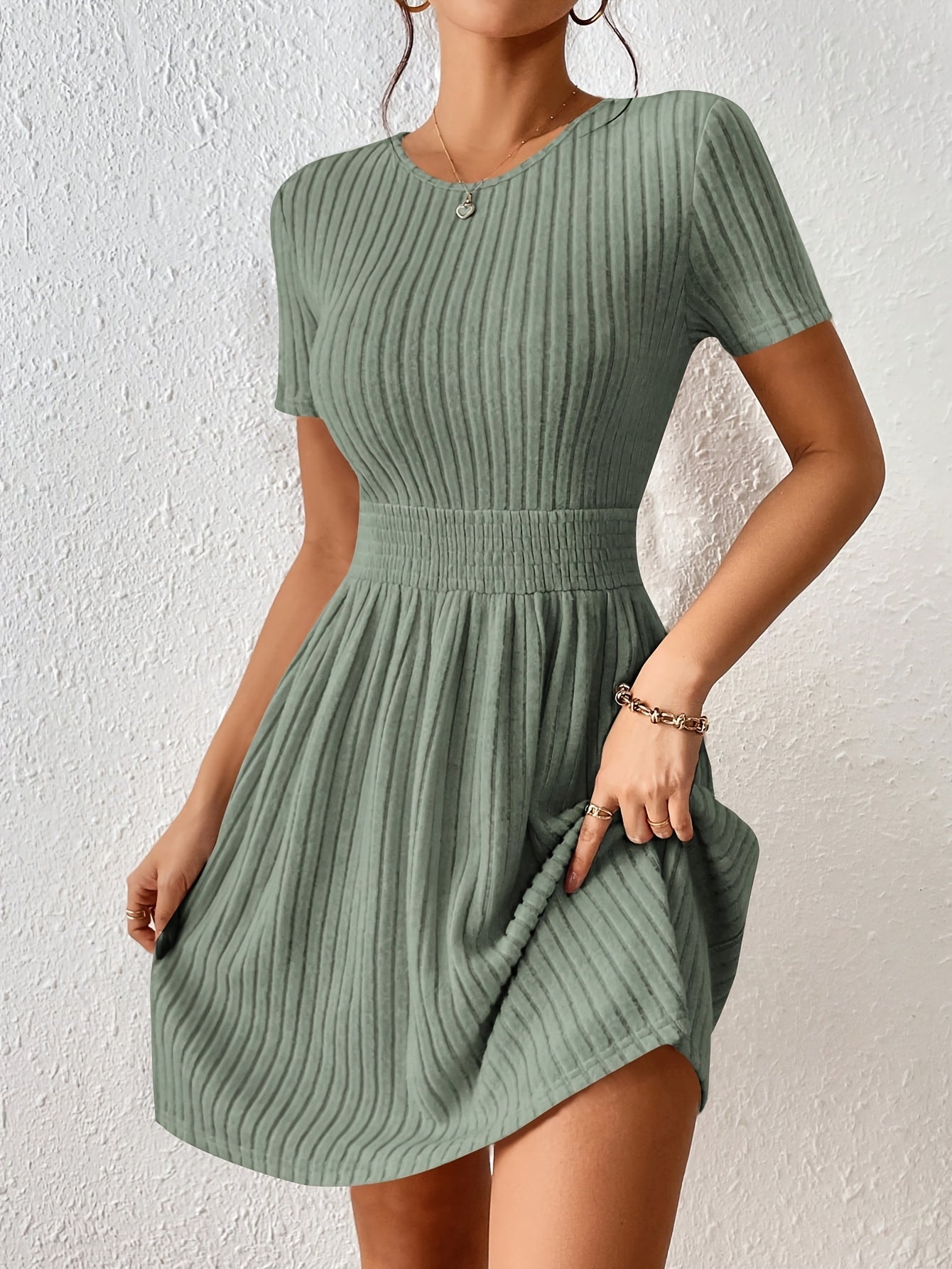 New Fashion Casual / Solid Color Ribbed / Waist-Knot A-Line Dress