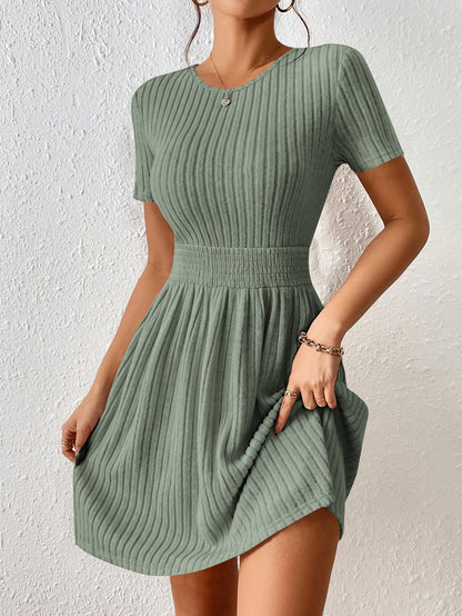 New Fashion Casual / Solid Color Ribbed / Waist-Knot A-Line Dress