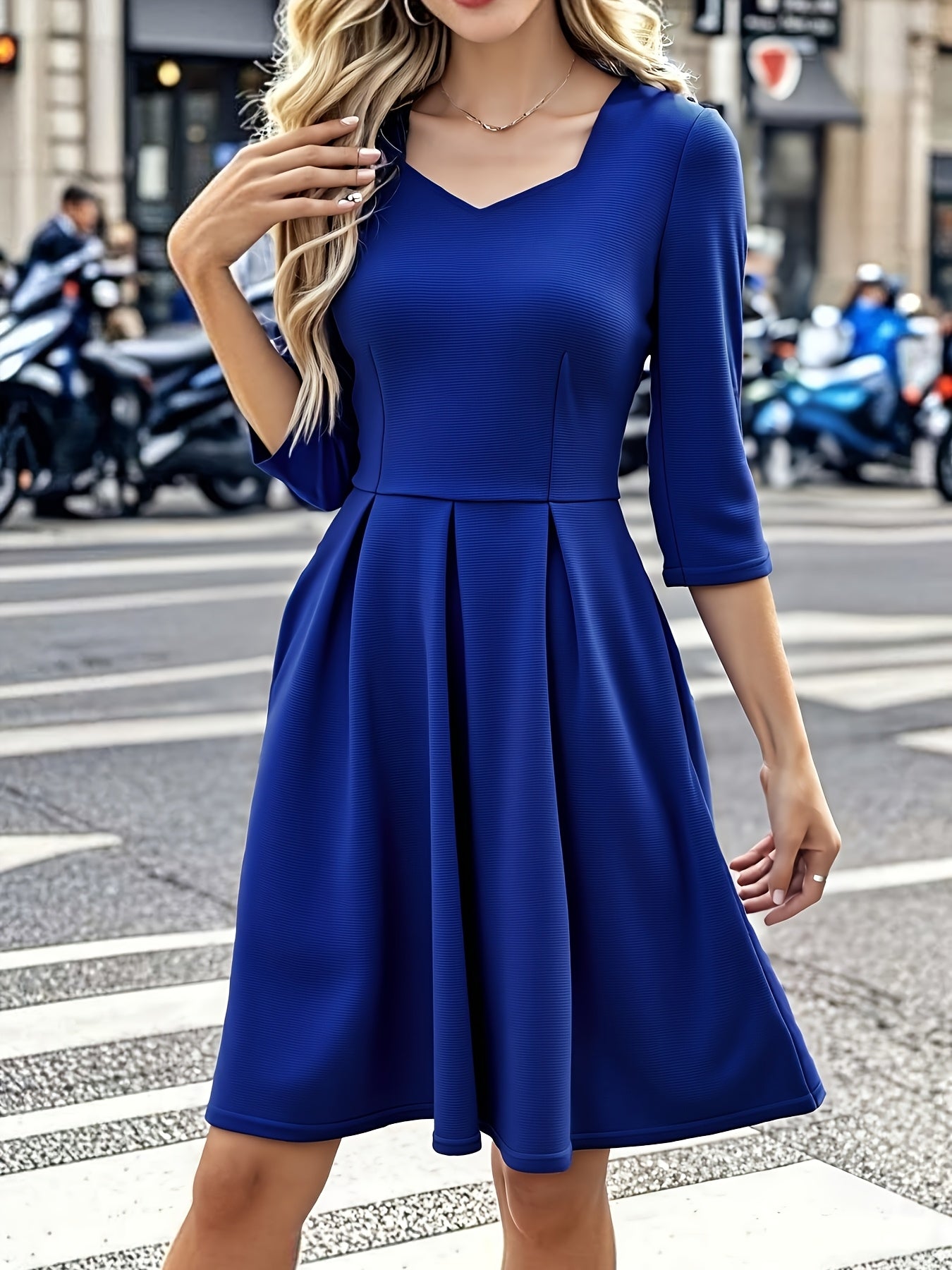Elegant Women'S Navy Blue Dress with Waist-Cinching and Flared Skirt | Square Neck, Solid Color, Pocket Details, Perfect for Spring/Fall, Ideal for Daily Commute and Work Meetings