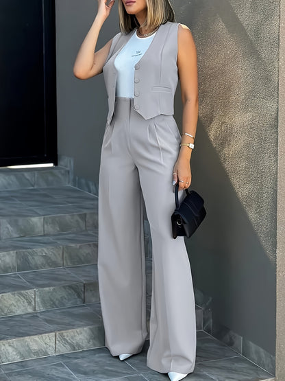[2025 Summer | 2pcs Suit] 2025 Summer 2pcs Suit | Fashionable Elegant Solid Color Vest Wide-Leg Pants