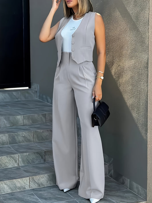 [2025 Summer | 2pcs Suit] 2025 Summer 2pcs Suit | Fashionable Elegant Solid Color Vest Wide-Leg Pants