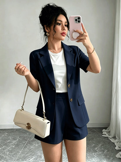 Elegant Casual Commuter Suit Set, Solid Color Short-Sleeve Blazer, Shorts/Wide-Leg Pants, Women's Spring/Summer Style