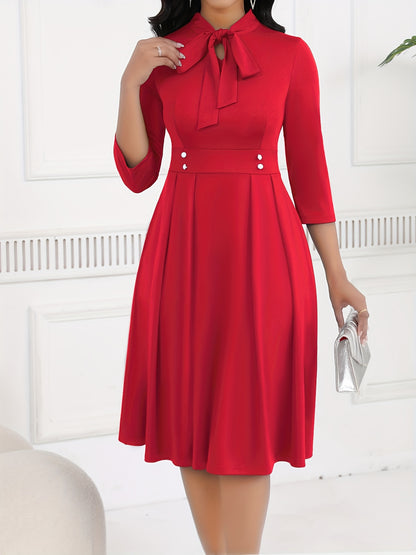 Spring/Autumn Women's Dress with Tie Waist, Elegant and Sophisticated, Business Workplace, Tie-Neck Navy Blue Midi Dress HRYY116